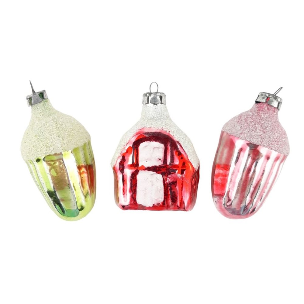Vintage Mercury Glass Acorn House Mica Glitter Snow Topped Christmas Ornaments